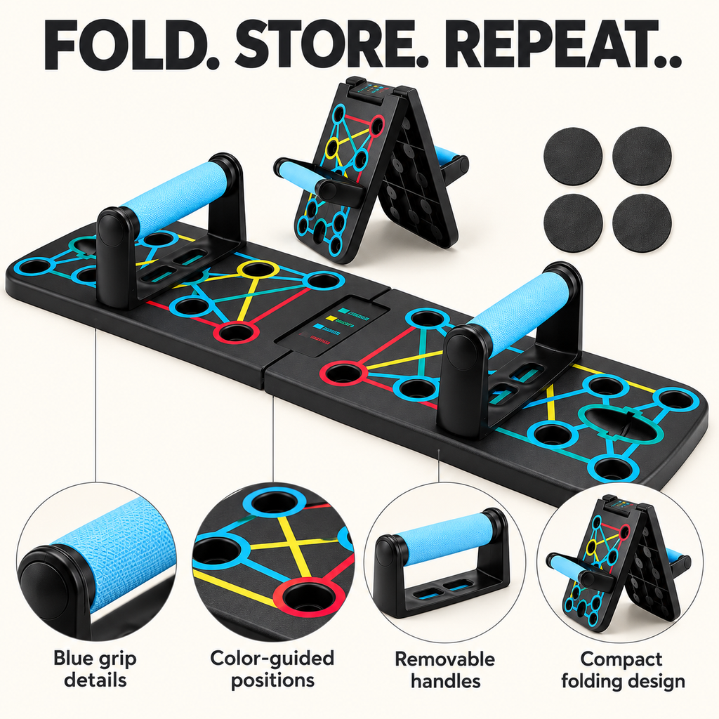 Folding Push-Up Board with Blue Grips & Optional Bands - 2