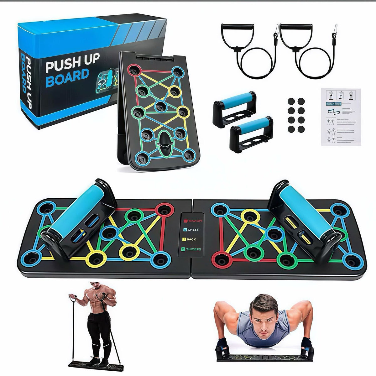 Folding Push-Up Board with Blue Grips & Optional Bands - 6