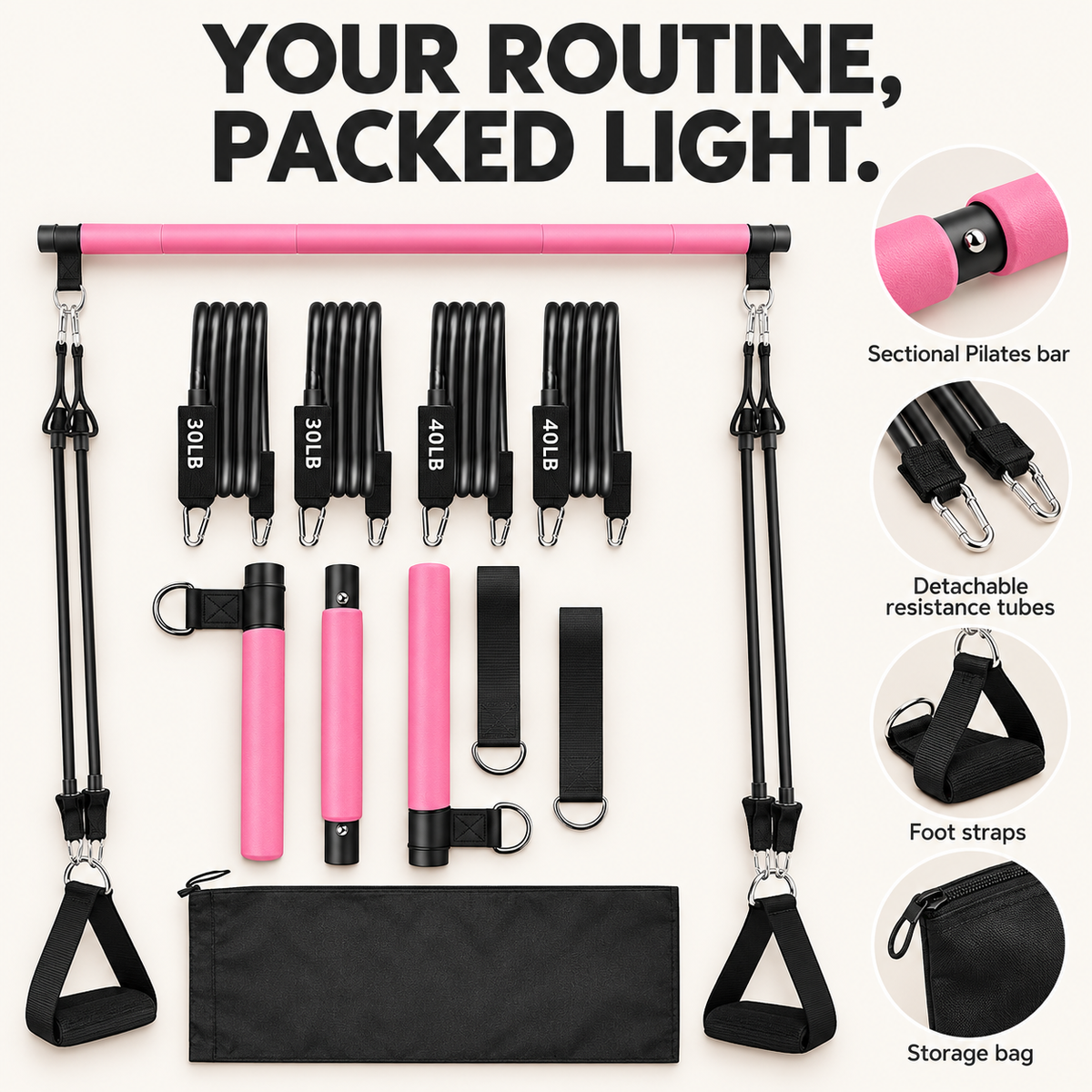 Portable Pilates Bar Kit with Resistance Tubes & Foot Straps - 2