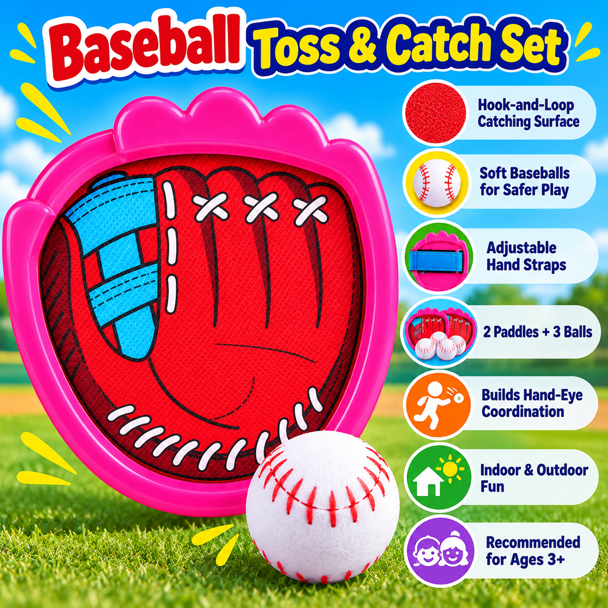 Baseball-Style Toss and Catch Set, 2 Paddles & 3 Balls - 1