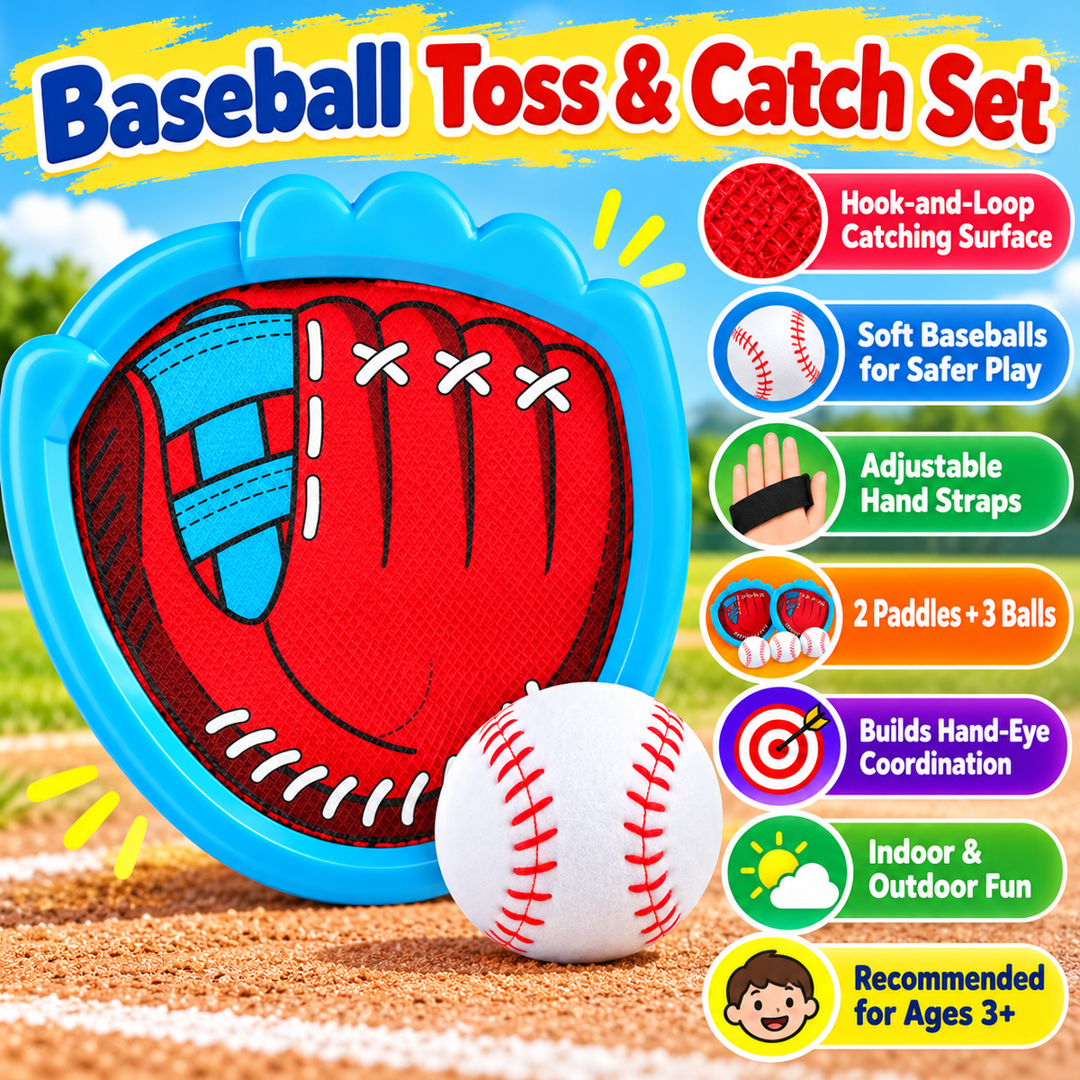 Baseball-Style Toss and Catch Set, 2 Paddles & 3 Balls - 4