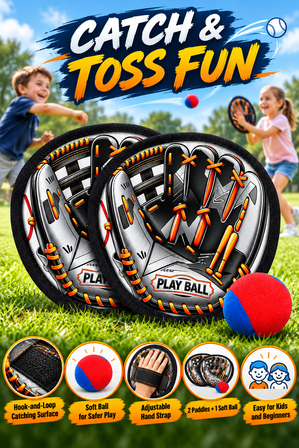 Cartoon Blue Toss and Catch Game, 2 Paddles & 1 Ball - 1