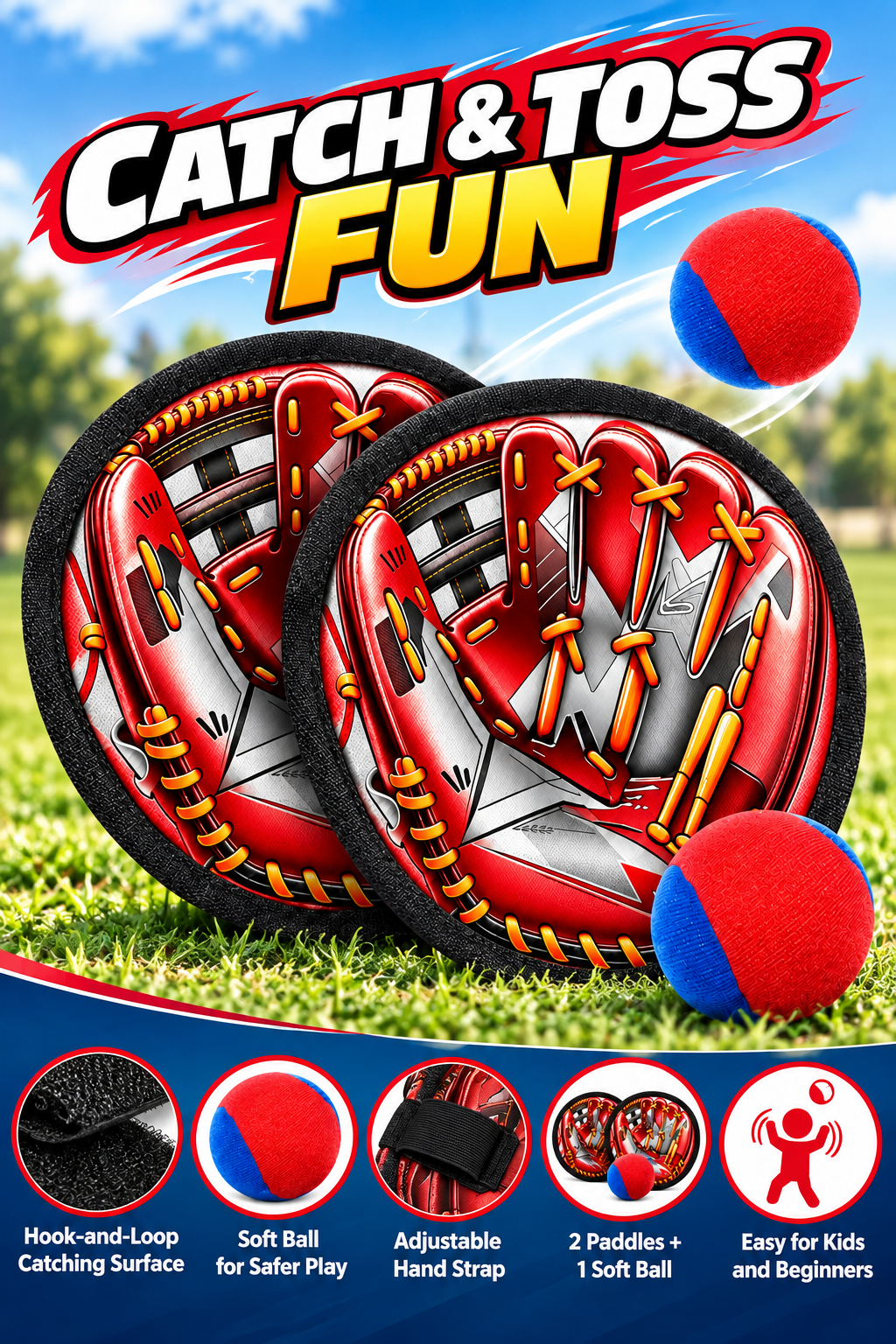 Cartoon Blue Toss and Catch Game, 2 Paddles & 1 Ball - 4