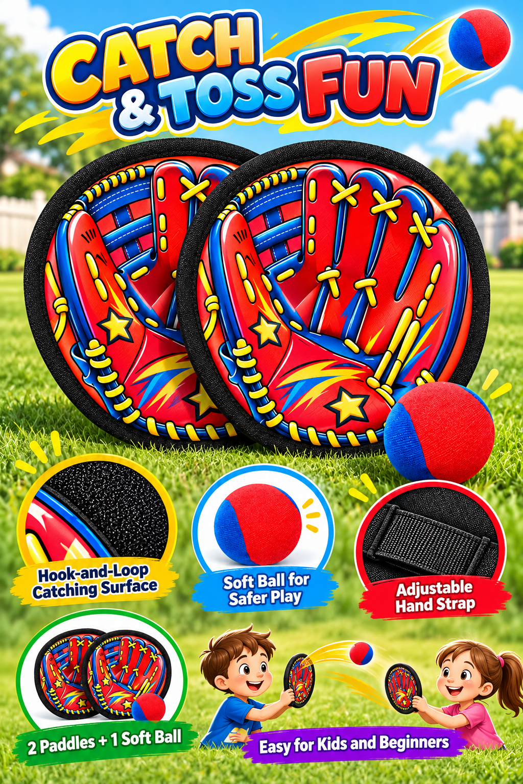 Cartoon Blue Toss and Catch Game, 2 Paddles & 1 Ball - 7